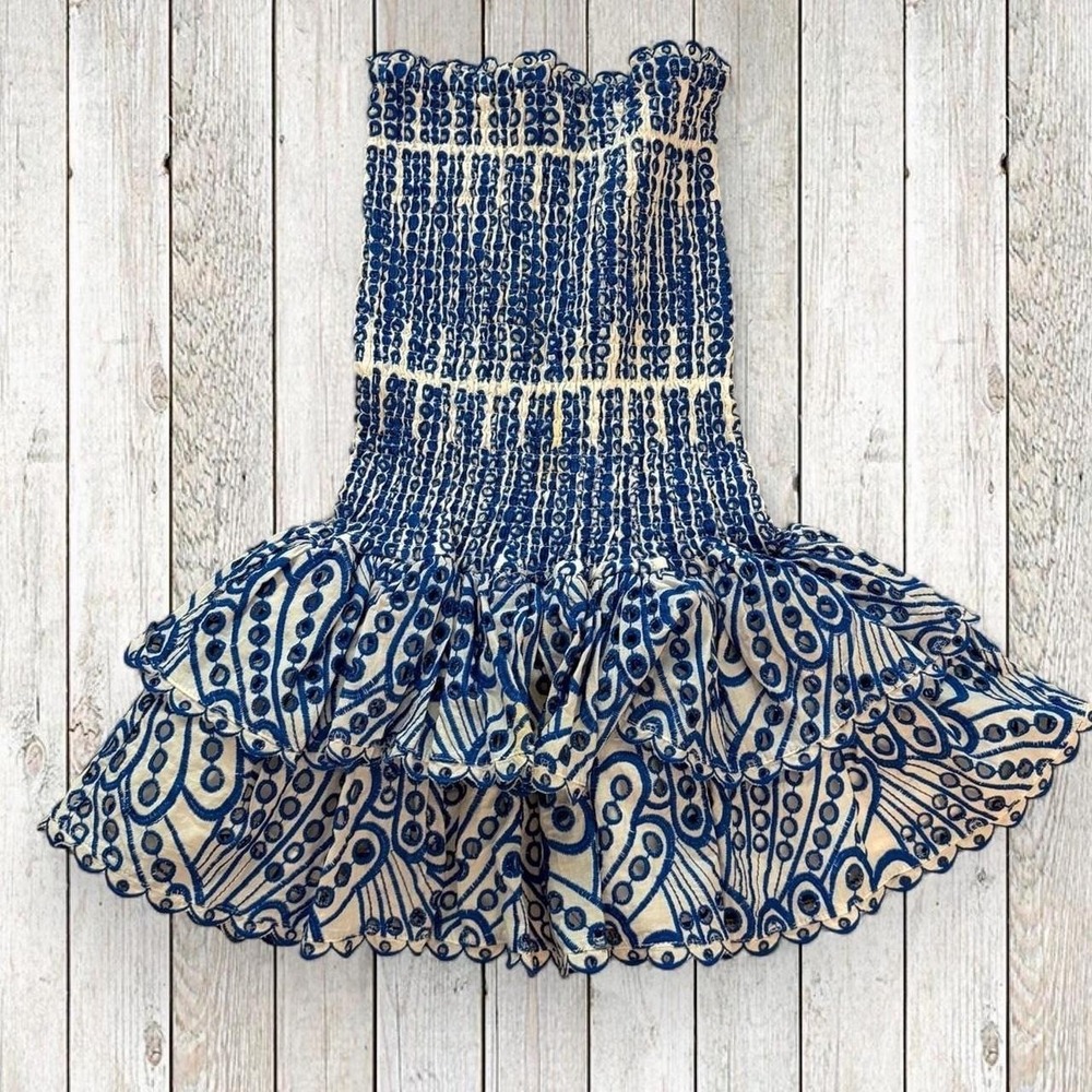 Honey Plum Blue White Eyelet Smocked Strapless Mini Dress Size Small - Picture 2 of 6